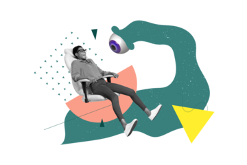 Vertical creative collage illustration of funny young woman sitting armchair shocked spying boss eyeball isolated on drawn background
