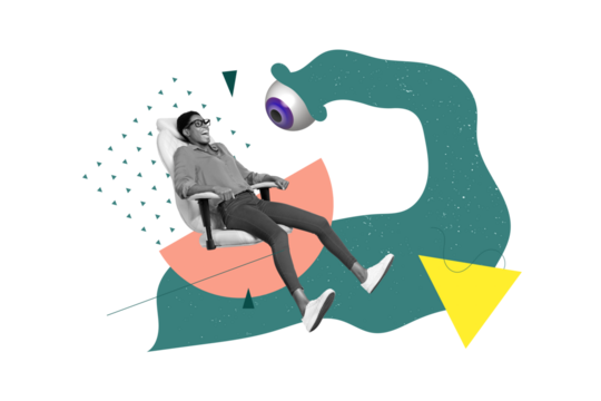 Vertical creative collage illustration of funny young woman sitting armchair shocked spying boss eyeball isolated on drawn background