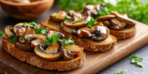 Grilled field mushrooms served on toasted rye bread, beautifully garnished with fresh parsley for an enticing presentation. Enjoy the rich flavor of grilled field mushrooms with every bite.