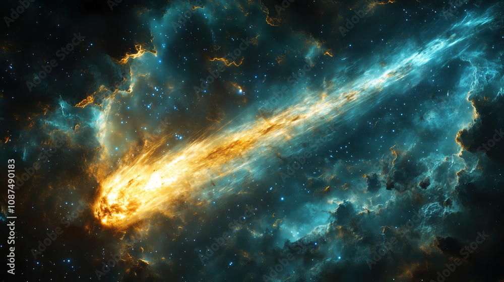 Poster a bright comet streaks through the dark cosmos, illuminating the nebula with fiery colors in the vas