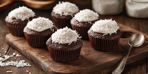Delicious chocolate cupcakes topped with coconut sprinkles, presented on a cutting board alongside a spoon and icing, make an enticing treat for cupcake lovers seeking a sweet indulgence.