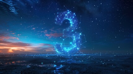 Obraz premium A glowing, digital number three against a backdrop of a colorful sunset and a cityscape.