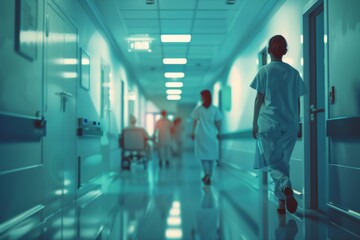Blurred background of a doctor and nurses in hospital interior