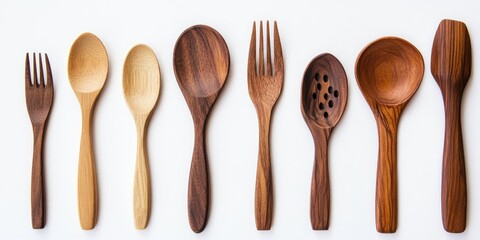 Wooden cutlery displayed against a white background, showcasing the beauty and elegance of wooden cutlery. Perfect for highlighting the charm and eco friendliness of wooden cutlery options.