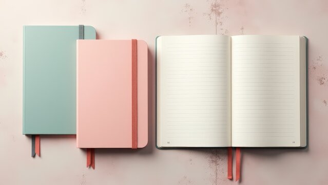This moleskine mockup features a soft pastel notebook with blank pages and a durable elastic band, displayed on a textured background.