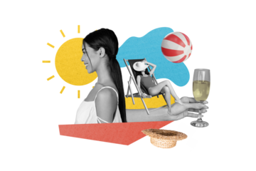 Photo collage young luxury female dream summer vacation have nap lounge chair enjoy all inclusive resort service retro picture