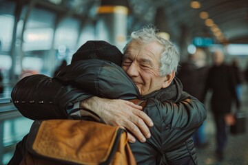 Poignant scene at an airport where a senior father greets his son