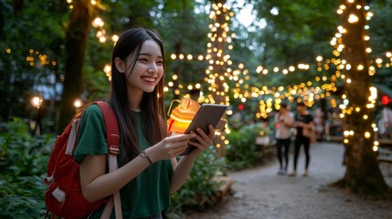 Fototapeta premium Young Woman Using Tablet at Night Event in a Lively Park with Twinkling Lights Casual Atmosphere Cheerful Mood