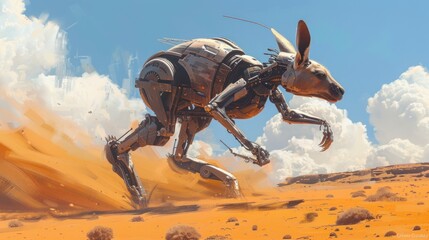 Obraz premium Robotic kangaroo runs across desert landscape under bright sun.