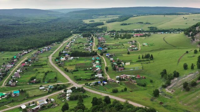 Southern Urals, Bashkiria, Tashla village. Aerial view.