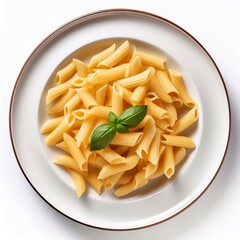 Pasta on white plate on white background top view
