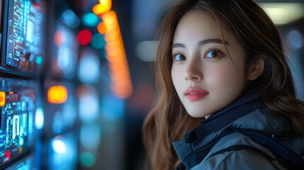 A woman examines network redundancy systems in a modern control room during the evening