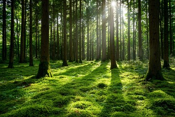 Obraz premium Sunlight Filtering Through a Serene Forest Canopy