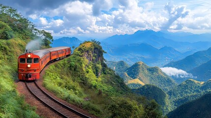 A vibrant Thai train entering a tunnel carved into a rocky mountain.