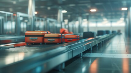 The airport conveyor belt system moves luggage efficiently. Conveyor belt with luggage in a modern airport