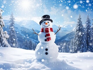 Obraz premium A cheerful snowman stands in a snowy landscape surrounded by tall trees and mountains under a bright winter sun. Christmas and New Year