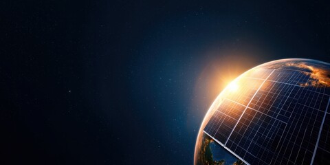 Fototapeta premium Finance of renewable energy stocks concept. A stunning view of Earth from space, illuminated by the sun, featuring solar panels reflecting light in a dark cosmic background.