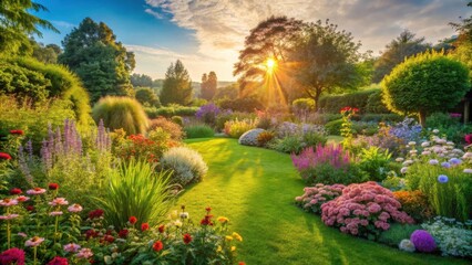 A vibrant garden bathed in the golden glow of a sunrise, bursting with colorful blossoms and lush greenery, creating a tranquil and idyllic scene.