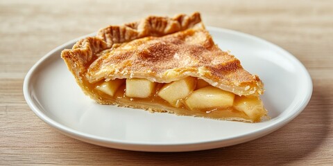 Delicious homemade sweet apple pie with a hint of cinnamon presented on a white plate against a light wood background, highlighting the charm of this classic homemade sweet apple pie.