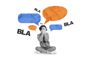 Creative drawing collage picture of shy woman avoid bla gossip speech bubble speak tell talk surrealism template metaphor artwork concept