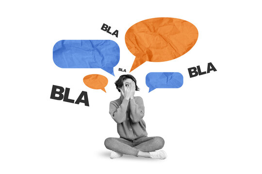 Creative drawing collage picture of&nbsp;shy woman avoid bla gossip&nbsp;speech bubble speak tell talk&nbsp;surrealism template metaphor artwork concept