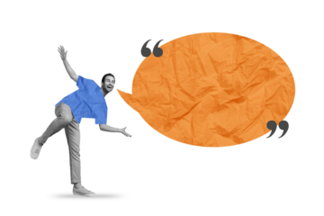 Creative trend collage of happy excited man speech bubble communication contact tell speak surrealism template metaphor artwork concept