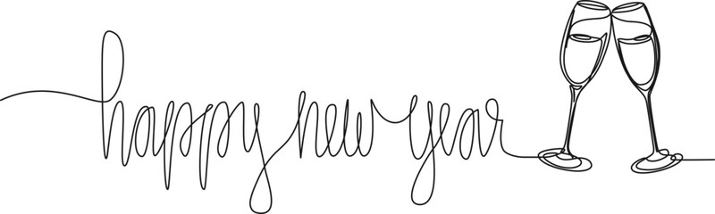 continuous single line drawing of handwritten words HAPPY NEW YEAR and champagne glasses clinking, line art vector illustration