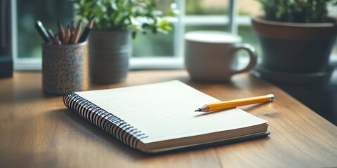 Close up view of an office desk featuring a notebook and pencil, perfect for showcasing the essentials of workspace organization. This office desk setup highlights the notebook and pencil details.