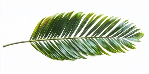 Obraz premium Isolated green leaf of a palm tree showcasing vibrant colors and intricate textures, perfect for illustrating themes of nature and tranquility with a focus on palm tree aesthetics.