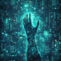 Futuristic Circuit Board with Code  hand robotic and Fractal Pattern, Arm Robot