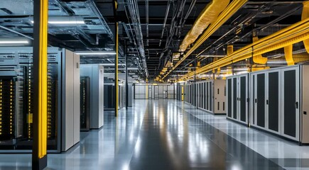 Inside a modern data center showcasing rows of servers and vibrant yellow cabling - Powered by Adobe