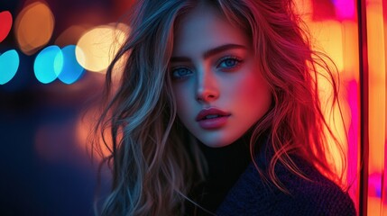 Fototapeta premium Vibrant Portrait of a Young Woman with Neon City Lights