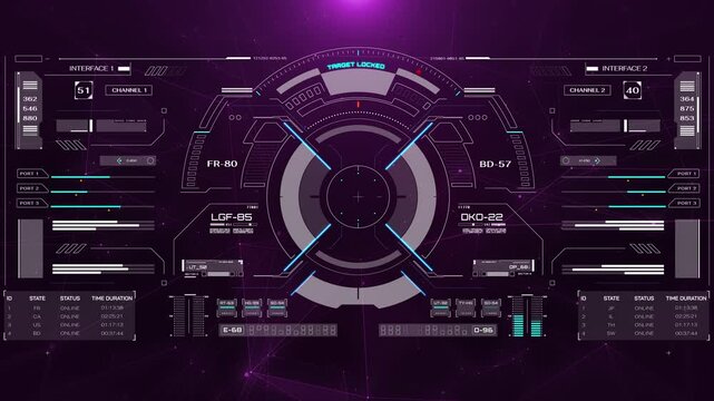 HUD screen surveillance aerial view technology security system. Digital head up display UI scanning target locked  interface 4K motion background.