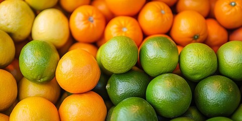 Close up of a vibrant stack of clementines and limes displayed for sale at a market stall, showcasing the fresh and enticing appeal of clementines and limes in a colorful arrangement.