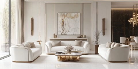 Horizontal view showcasing a modern white living room design, featuring elegant furnishings and a spacious ambiance perfect for relaxation and style within the white living room design aesthetic.