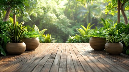 Fototapeta premium Empty wooden deck surrounded by lush green tropical plants with sunlight filtering through the leaves.