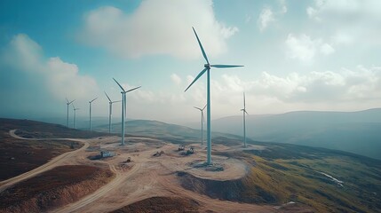 Aerial view of wind turbine construction, showcasing towering structures and vast landscapes. 