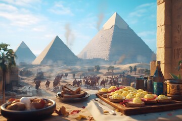 A vibrant scene with pyramids, food, and people, showcasing ancient Egyptian life.