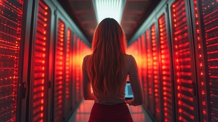 A female engineer monitors server performance in a vibrant server room environment