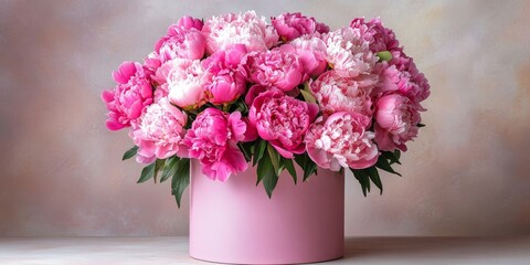 Fototapeta premium Vibrant flowers in bloom, A beautiful bouquet of pink peonies presented elegantly in a pink box against a soft gray background, showcasing the stunning flowers in bloom beautifully.