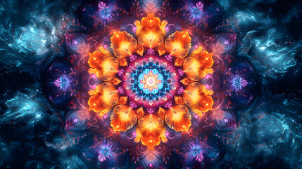 An intricate mandala pattern with layers of ornate shapes and vibrant colors, radiating symmetry and balance, adding an exotic and artistic flair to any screen.