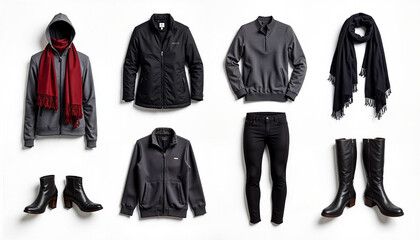 Stylish winter clothing collection featuring jackets, sweaters, boots, and accessories on a white background