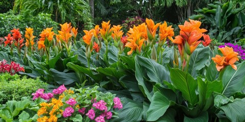 Vibrant canna lilies thrive in a lush jungle flower bed, showcasing the beauty of flowers in a natural setting. The stunning canna lilies add color to the vibrant jungle landscape.