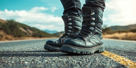 Biker s boot resting on an open road, showcasing the adventurous spirit of road biking. The biker s boot symbolizes freedom and the thrill of exploring open roads on two wheels.