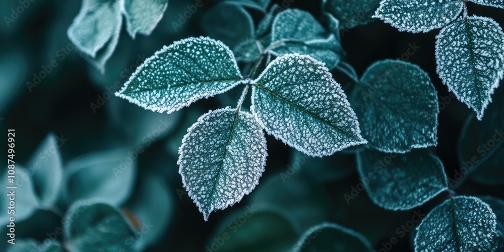 Wall mural frost covered leaves of a rose bush create a stunning visual in a serene garden setting during the m