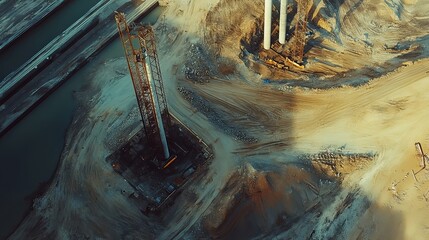 Aerial view of wind turbine construction, showcasing towering structures and vast landscapes. 