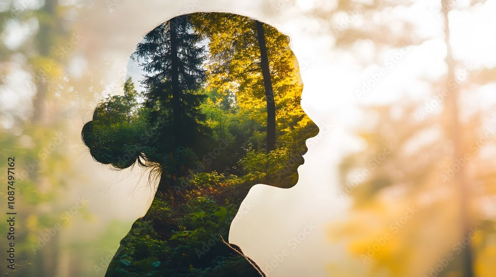 Poster serene profile silhouette with enchanting forest overlay in dreamy soft light, capturing the harmony