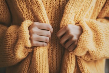 Cozy Yellow Sweater Details Showcasing Hands Holding the Knit Fabric in a Soft Natural Light Setting for Warmth and Comfort Imagery