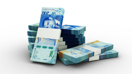 3d rendering of Stacks of 200 Morocco dirham notes. bundles of Moroccan currency notes isolated on transparent background, currency of morocco
