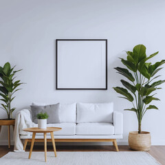 Mock up frame in home interior background, beige room with minimal decor, 3d render.